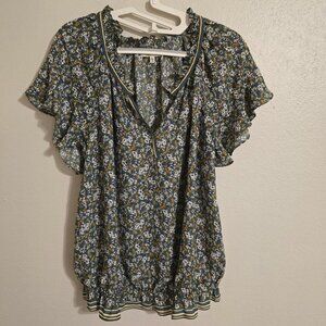 Max Studio Hunter Green & Yellow Floral Flutter Sleeve Blouse / Top  Size Large